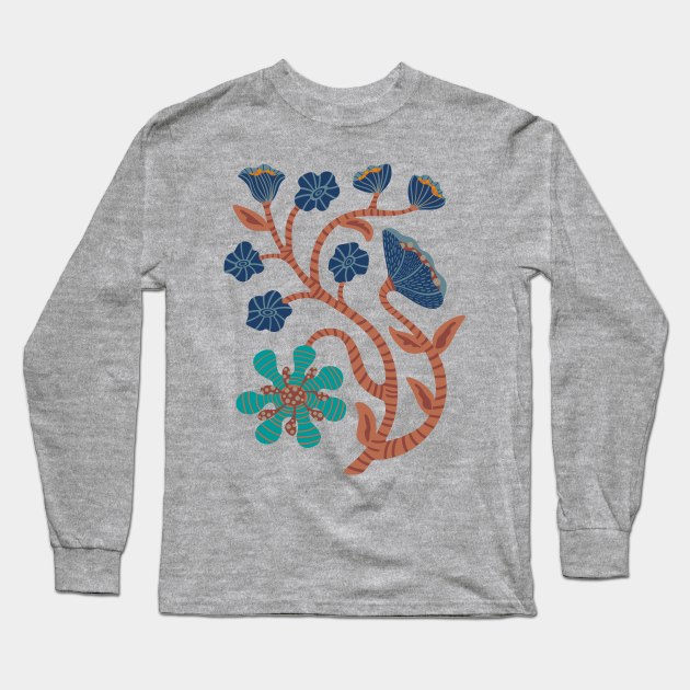 IT'S A JUNGLE OUT THERE Mod Funky Floral-2 in Retro Navy Blue and Brown - UnBlink Studio by Jackie Tahara Long Sleeve T-Shirt by UnBlink Studio by Jackie Tahara